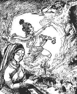 Lord Krishna with Sathyabaama slaying demon Narakasura